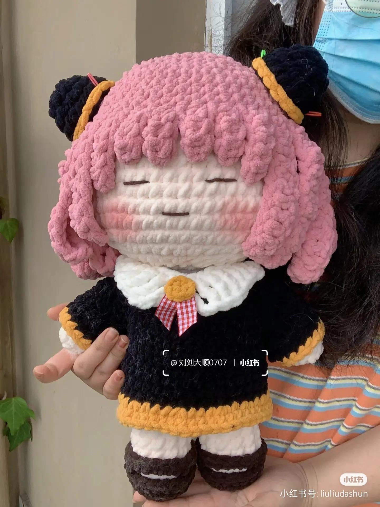 Handwritten Crochet Pattern Chart for Anya Forger Doll, Including Hair and Outfit Instructions