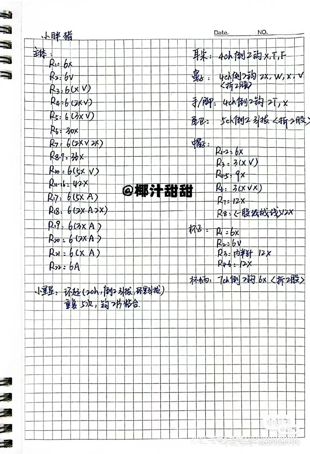 Handwritten Crochet Pattern Chart for Cute Fat Pig Amigurumi Keychains