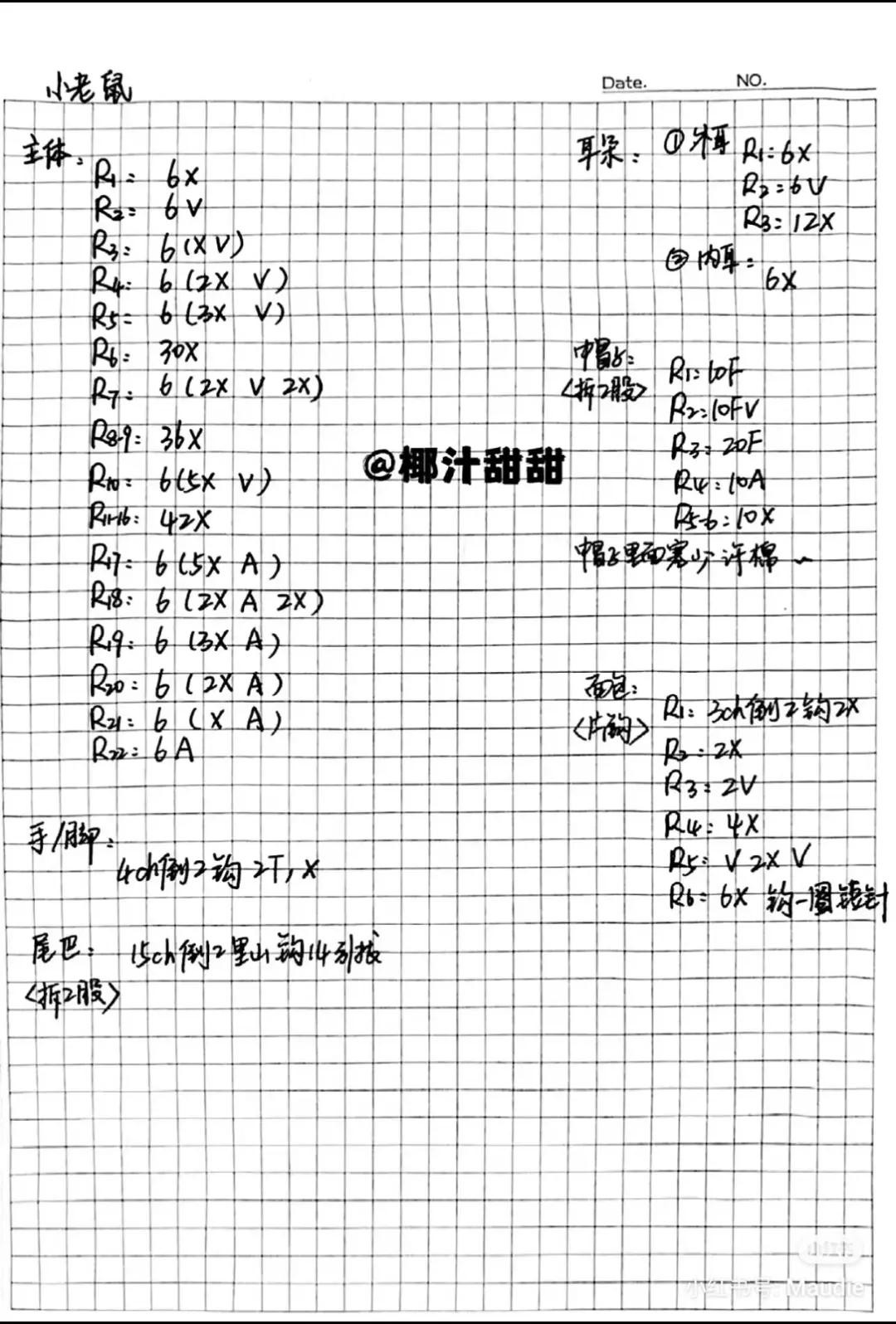 Handwritten Crochet Pattern Chart for Cute Pink Mouse Amigurumi with Cheese and Hat