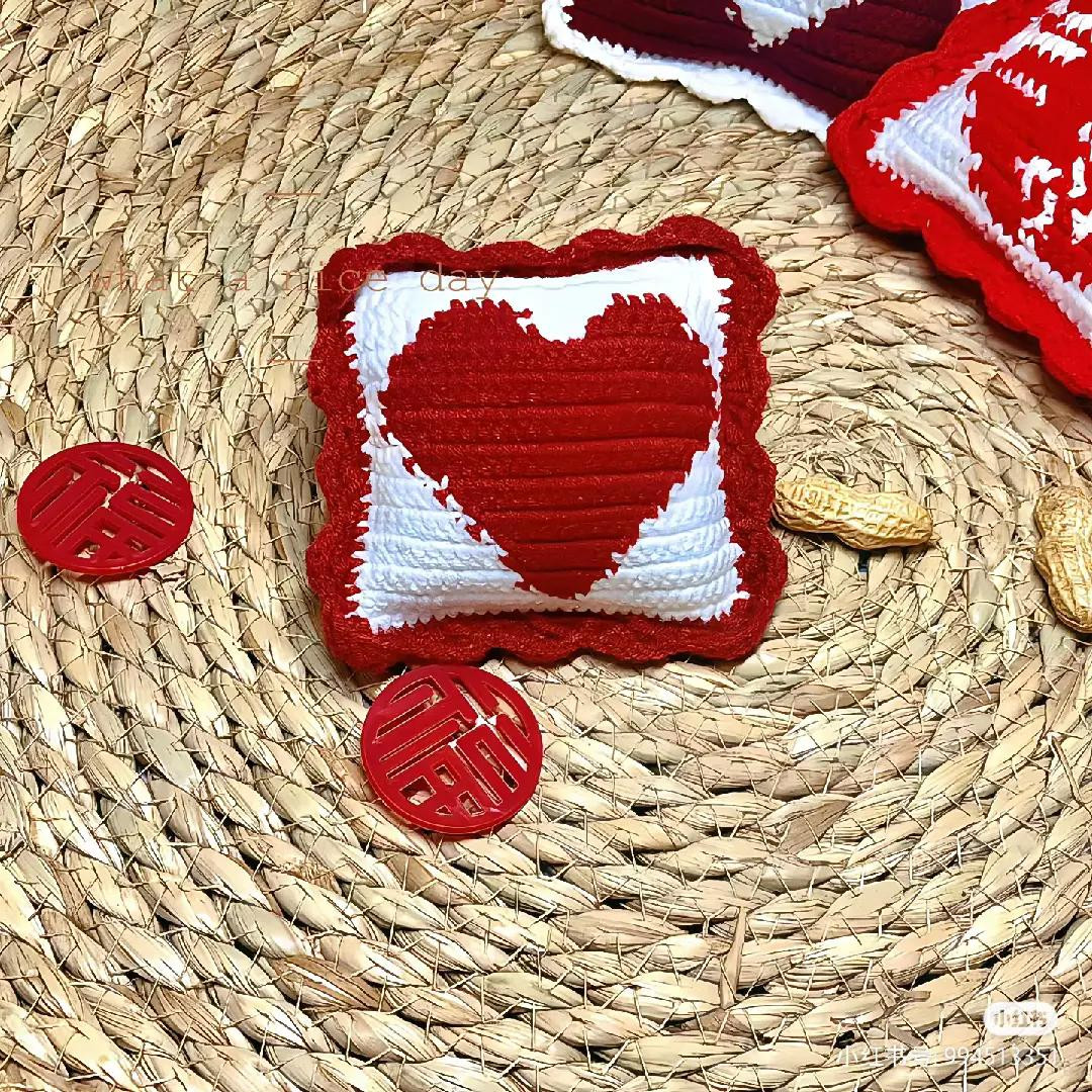 Handwritten Crochet Pattern Chart for Red and White Double Happiness Wedding Pillow with Heart Design