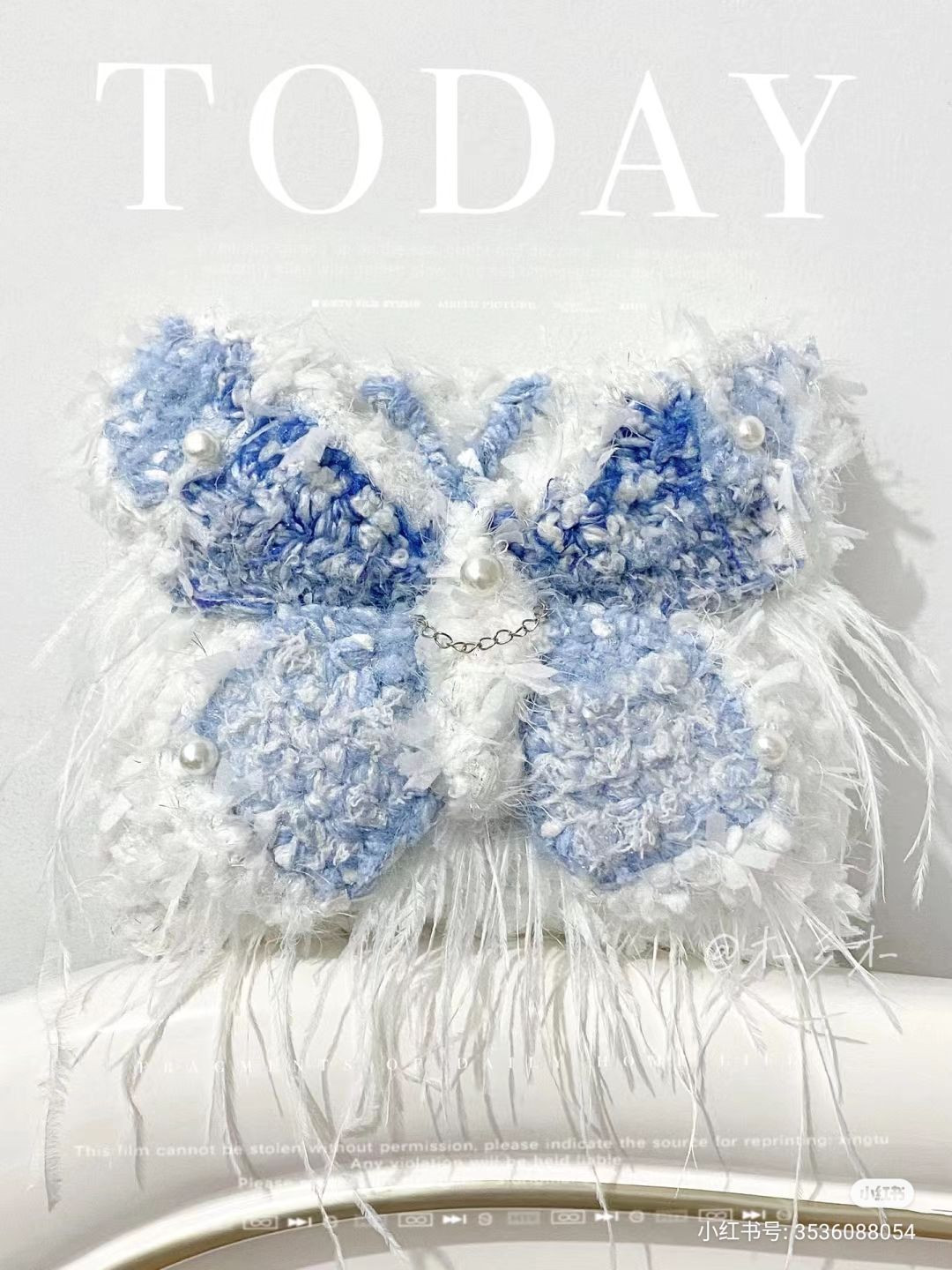 Handwritten Crochet Pattern for Blue and White Butterfly Bag with Feathers
