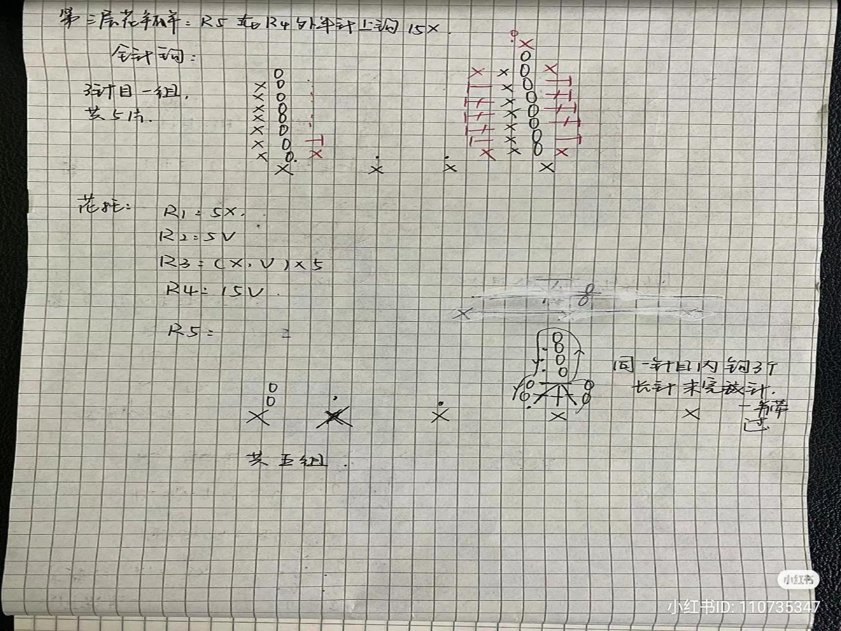 Handwritten Crochet Pattern for Blue and White Flower with Green Leaves