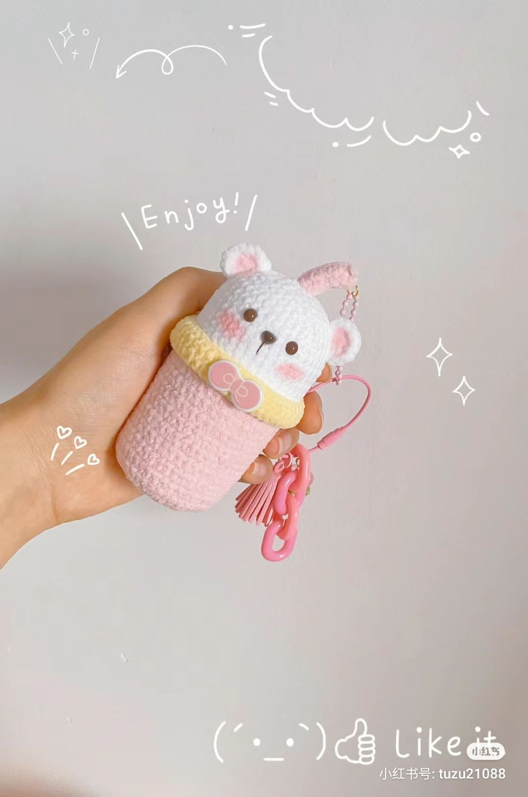 Handwritten Crochet Pattern for Cute Bear Milk Cup Keychain