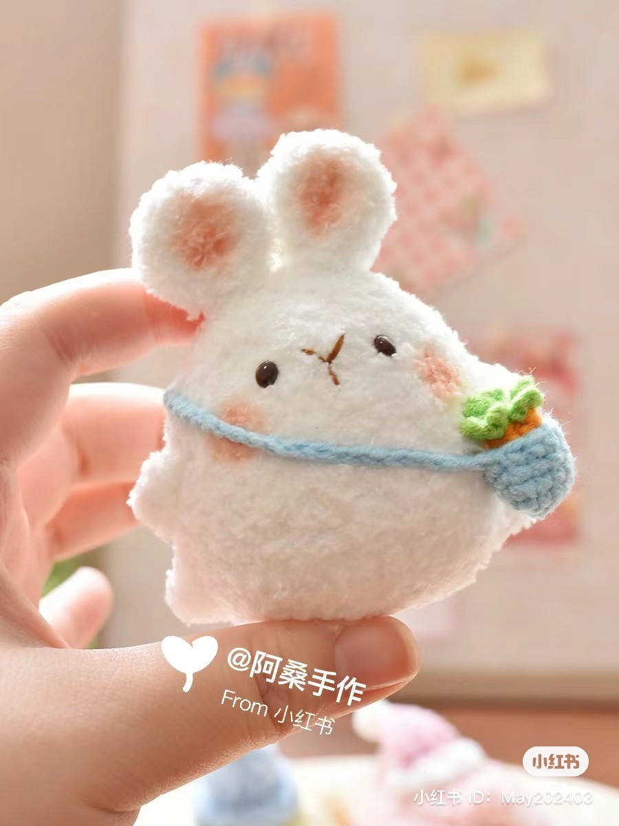 Handwritten Crochet Pattern for Cute Chubby White Rabbit with Blue Bag