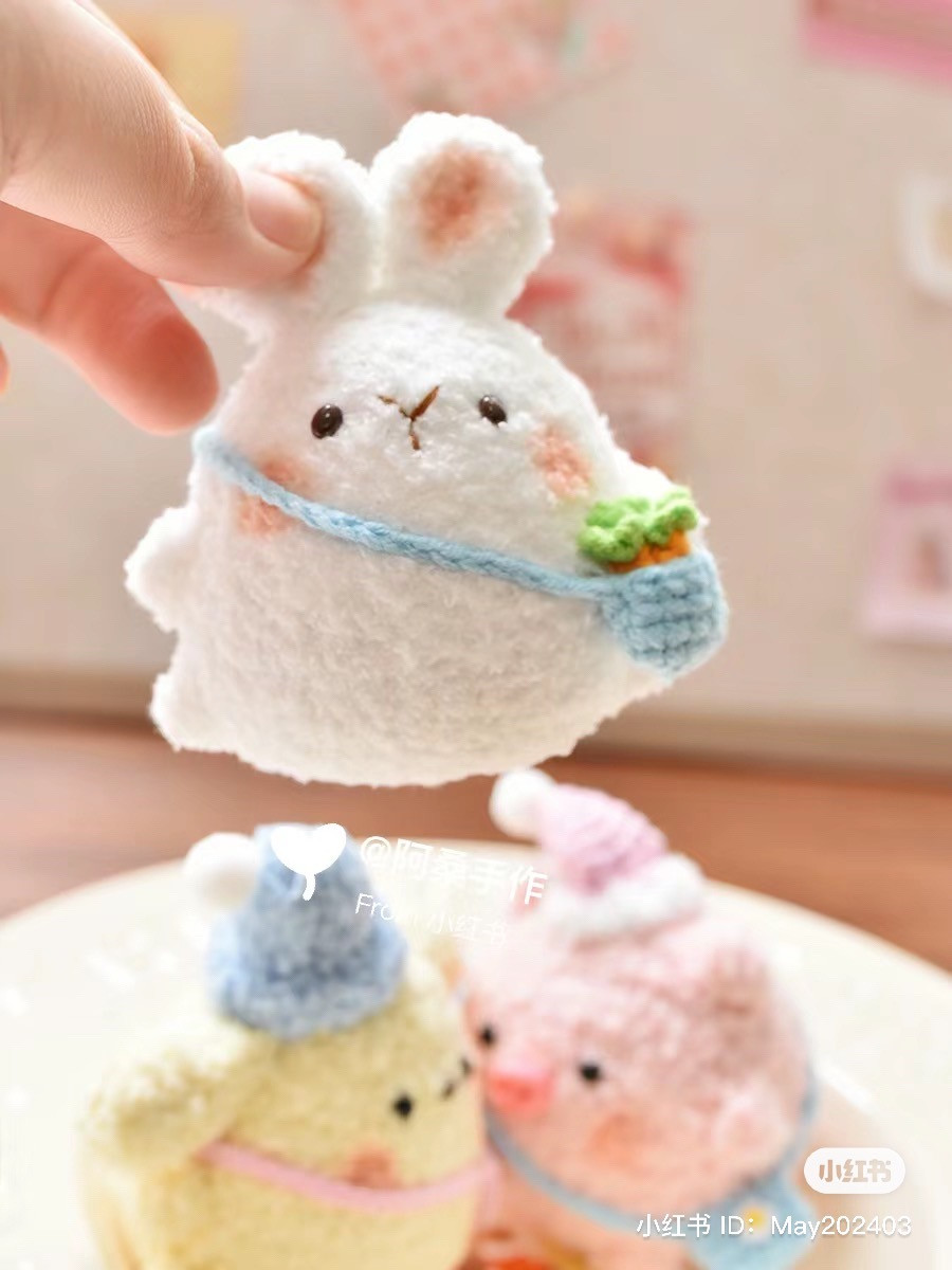 Handwritten Crochet Pattern for Cute Chubby White Rabbit with Blue Bag