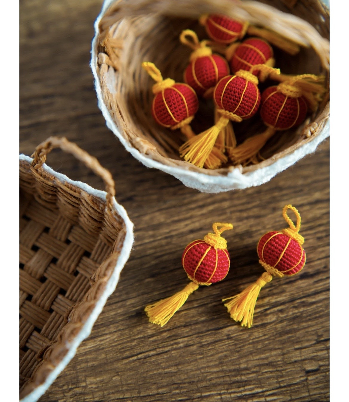 Handwritten Crochet Pattern for Mini Red Lantern Amigurumi with Yellow Tassels