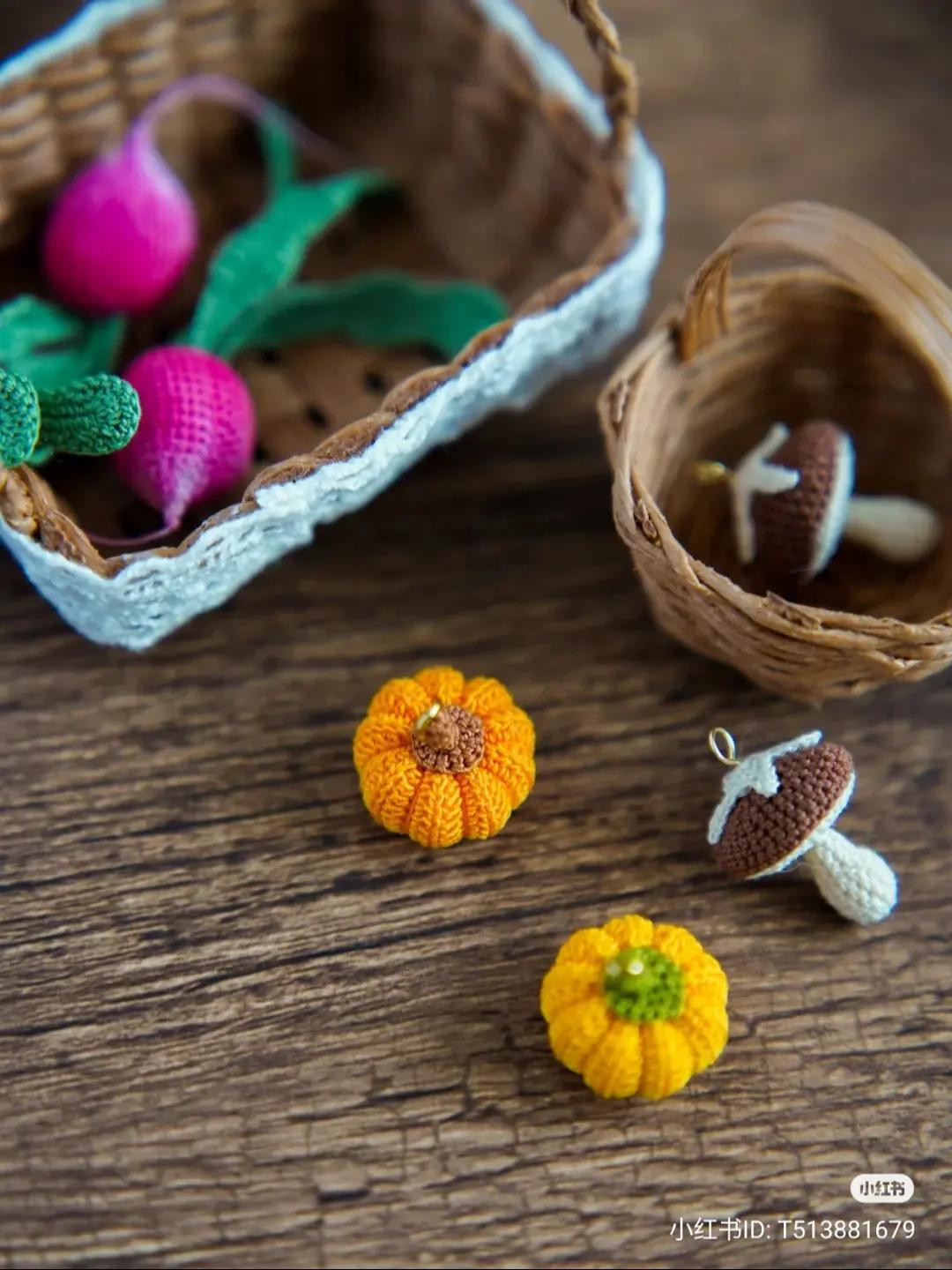 Handwritten Crochet Pattern for Miniature Pumpkin and Mushroom Charms