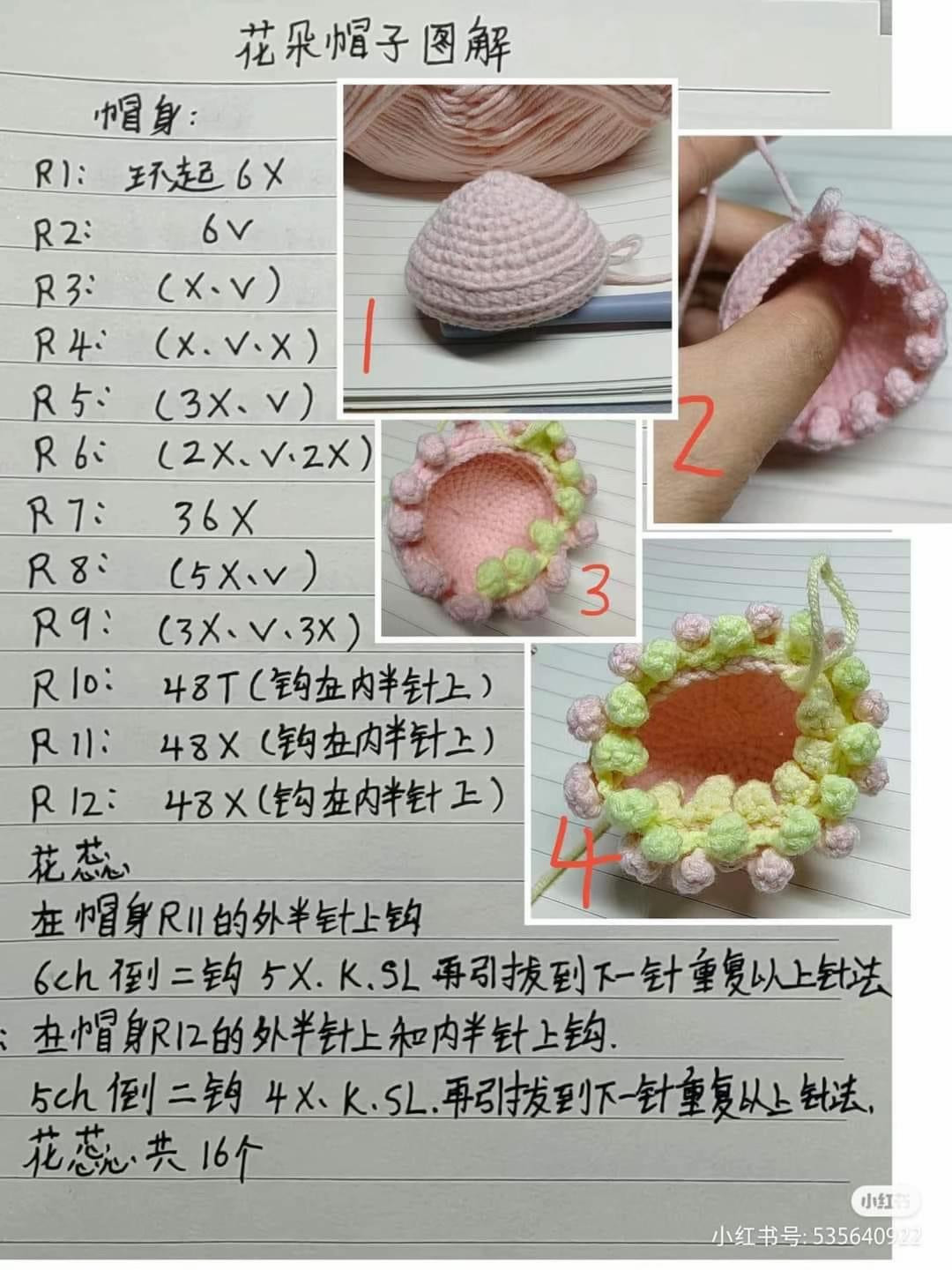 Handwritten Crochet Pattern for Purple Flower Bunny Hat and Green Star Base