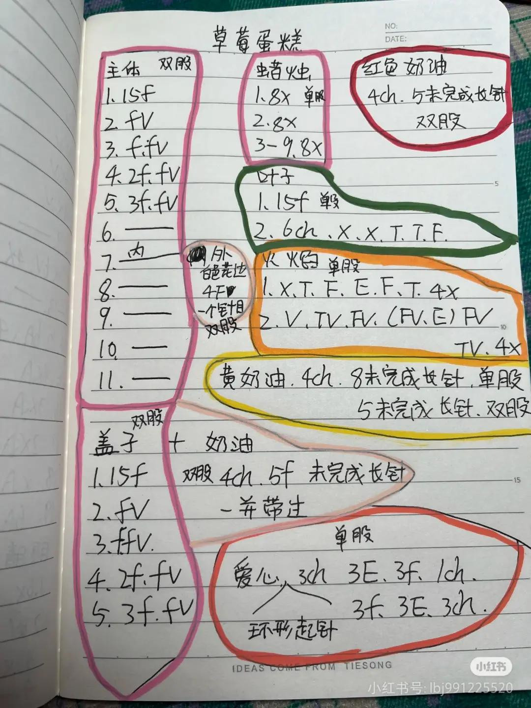 Handwritten Crochet Pattern for Strawberry Cake with Detailed Instructions