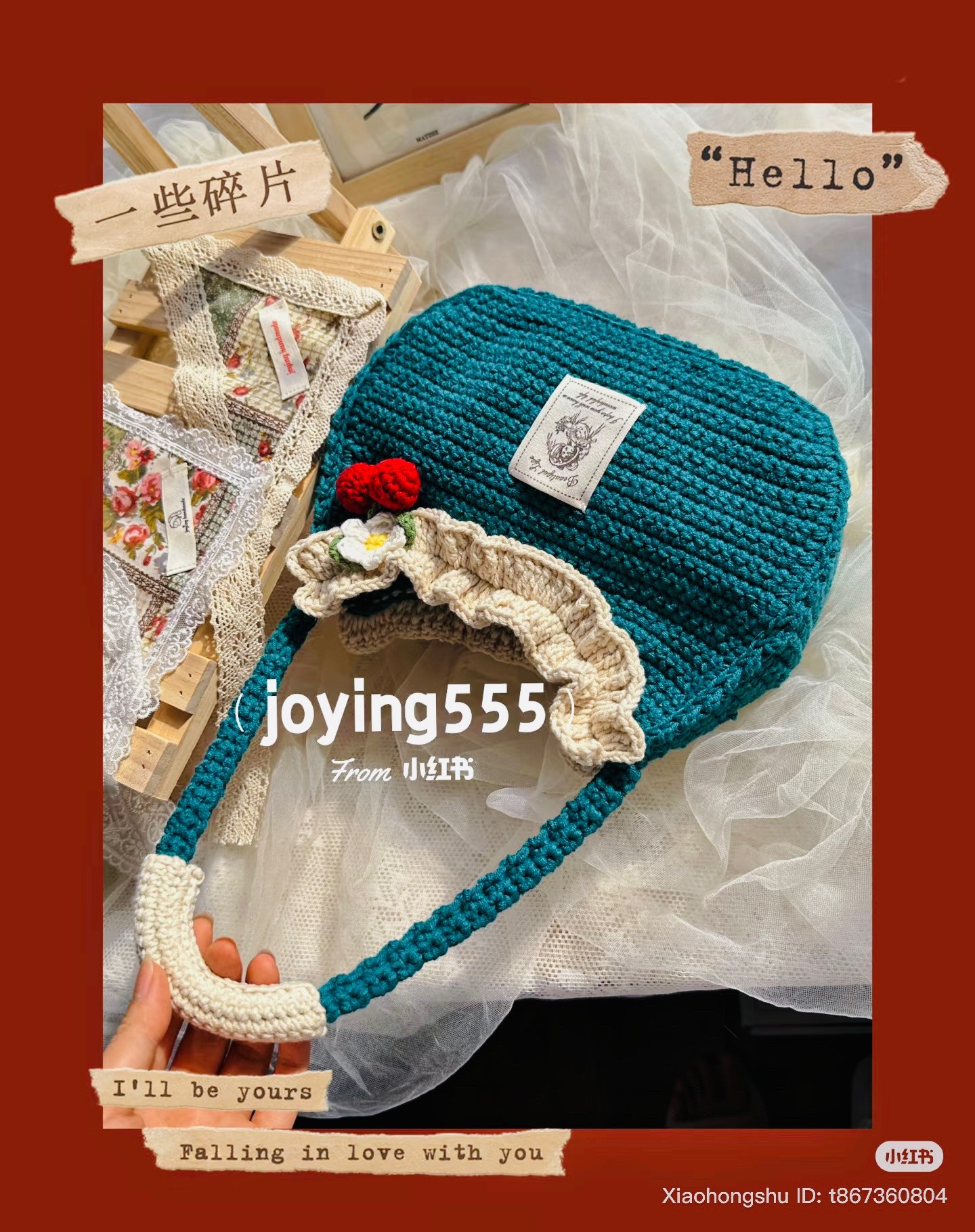 Handwritten Crochet Pattern for Teal Vintage Cherry Bag