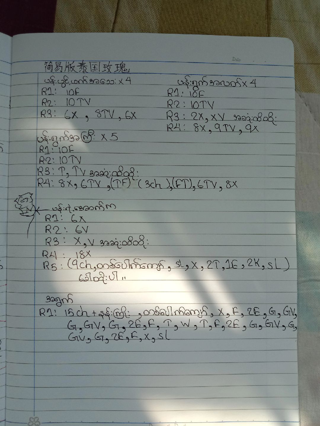 Handwritten crochet pattern for Thai rose flower