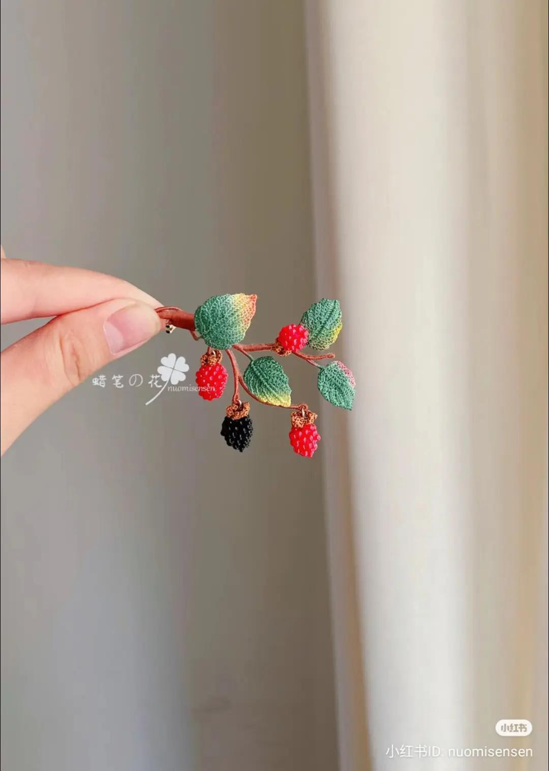Handwritten Crochet Pattern for Tiny Red and Black Berries, Leaves, and Yellow Flowers with Detailed Stitch Instructions