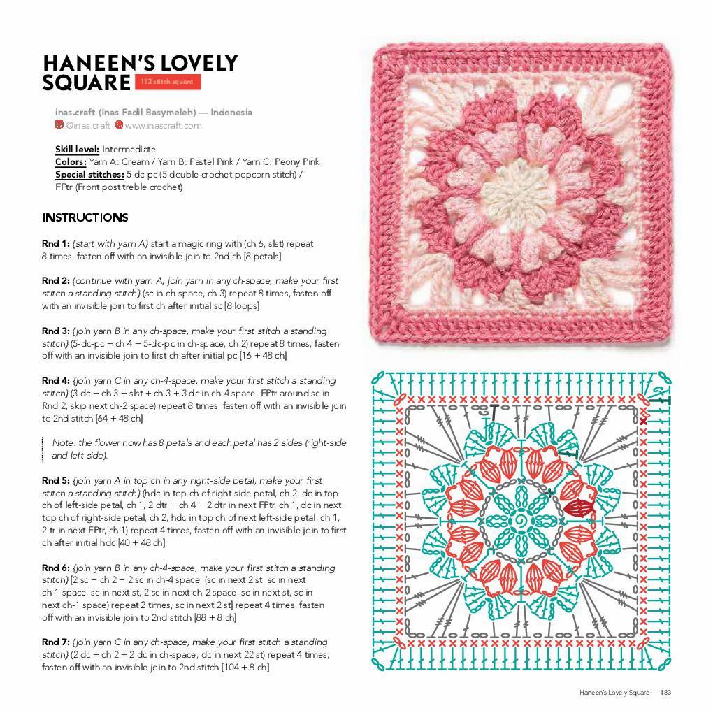 Haneen's Lovely Square Crochet Pattern: Intermediate Pink Floral Granny Square Chart and Instructions