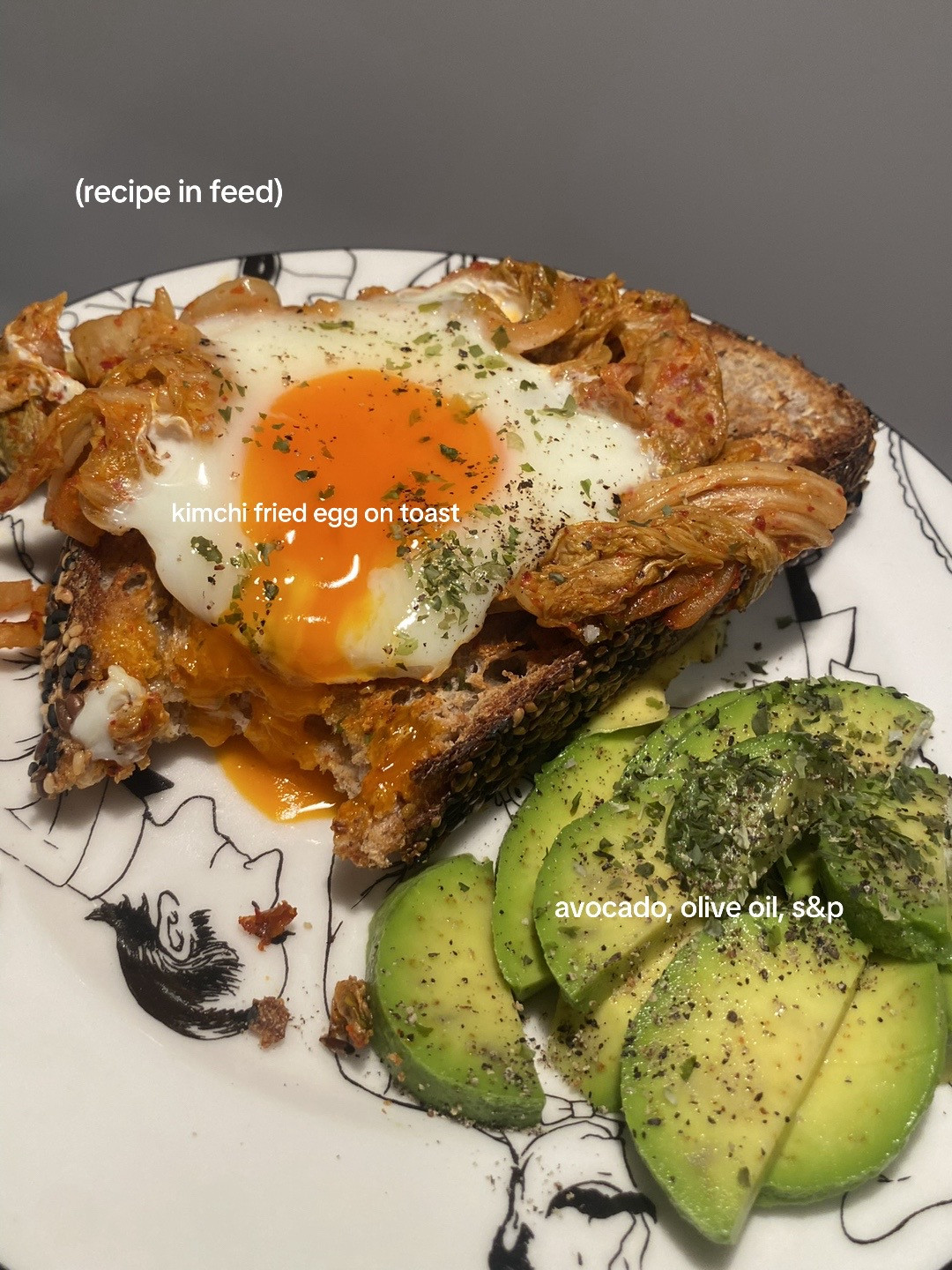 Healthy Breakfast Ideas: Avocado Toast with Scrambled Eggs, Soft Boiled Egg, and Kimchi Fried Egg
