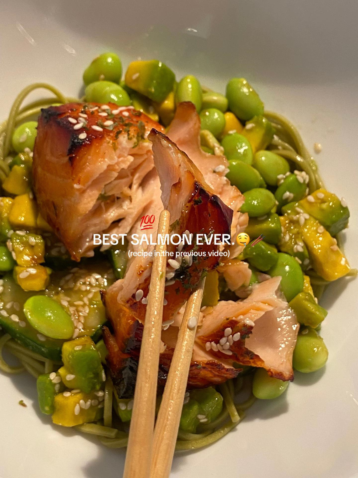 Healthy Miso Salmon Soba Noodle Salad with Edamame, Avocado, and Cucumber