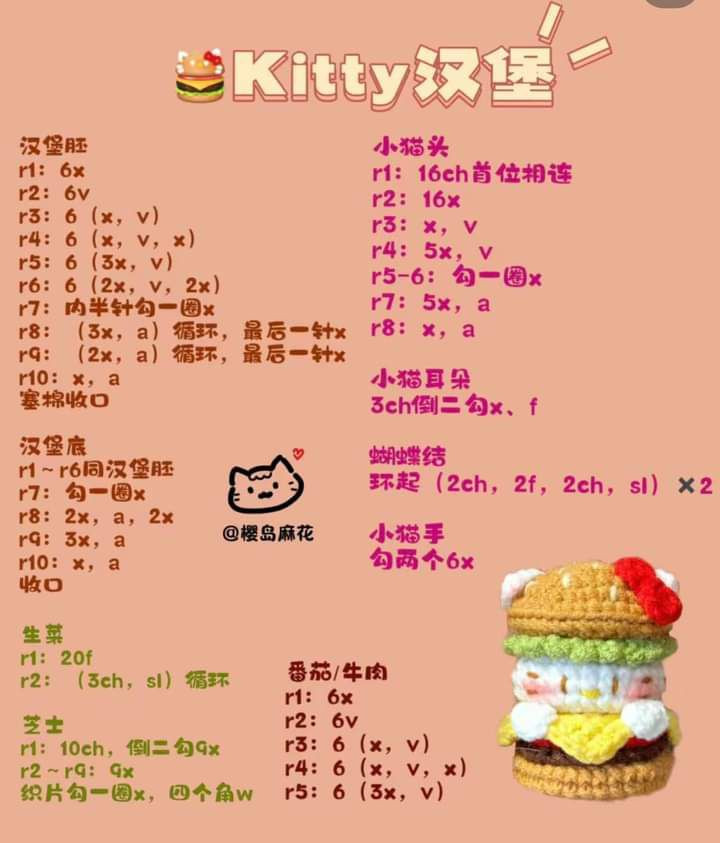 Hello Kitty Crochet Patterns: Skewer, Donut, Hamburger, Dress & Gift Box