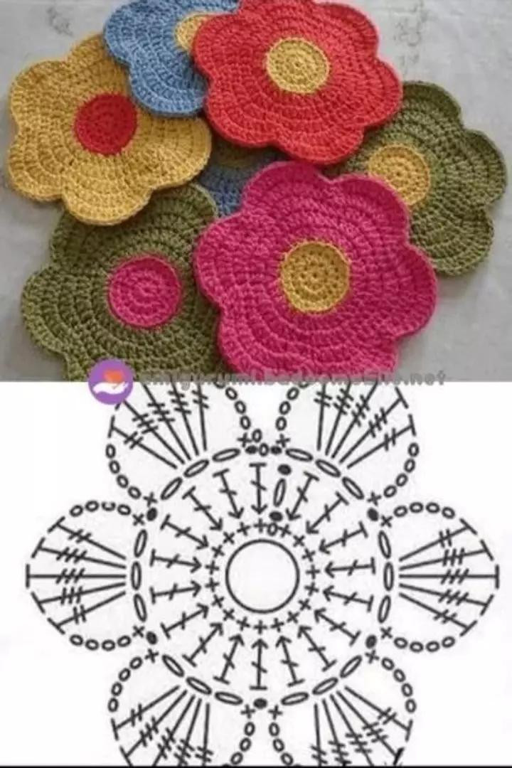 Hermosos patrones de posavasos tejidos a crochet en forma de flores con colores vibrantes y diseños detallados