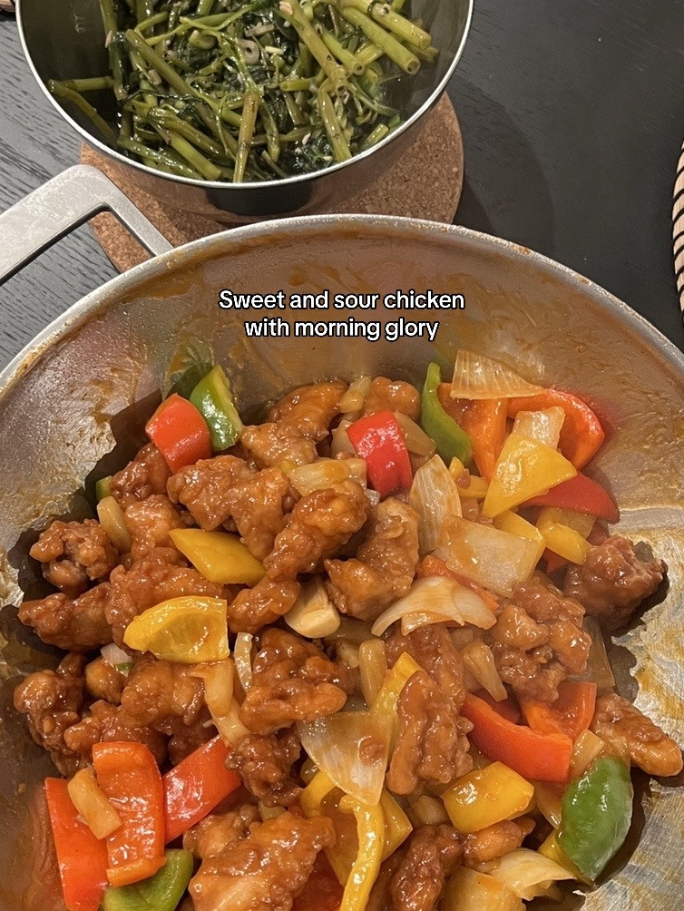 Homemade food recipes collection: sweet and sour chicken, tomato pasta with bacon, creamy tomato soup with grilled cheese, and Korean shrimp over rice