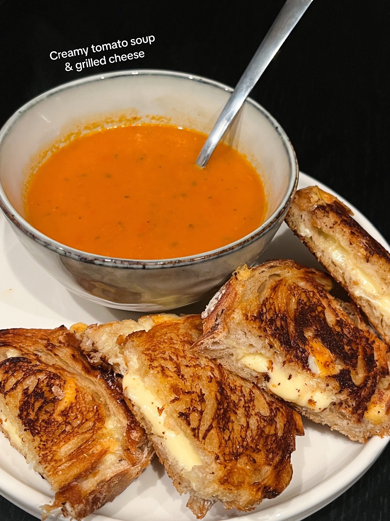 Homemade food recipes collection: sweet and sour chicken, tomato pasta with bacon, creamy tomato soup with grilled cheese, and Korean shrimp over rice