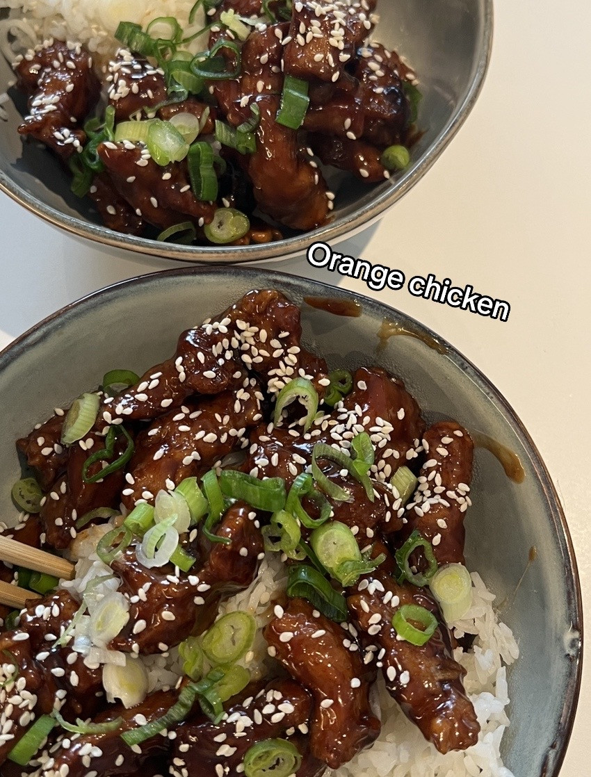 Homemade food recipes collection: sweet and sour chicken, tomato pasta with bacon, creamy tomato soup with grilled cheese, and Korean shrimp over rice