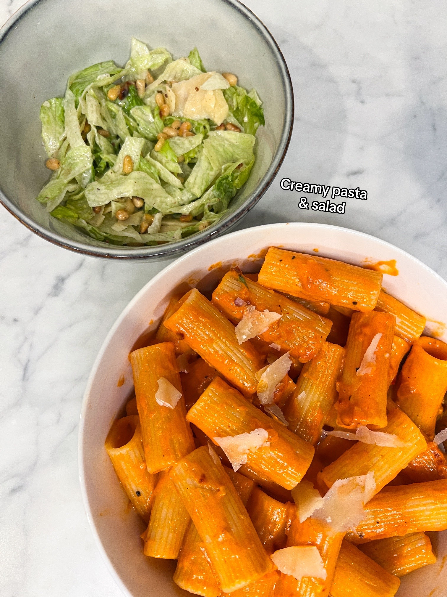 Homemade food recipes collection: sweet and sour chicken, tomato pasta with bacon, creamy tomato soup with grilled cheese, and Korean shrimp over rice