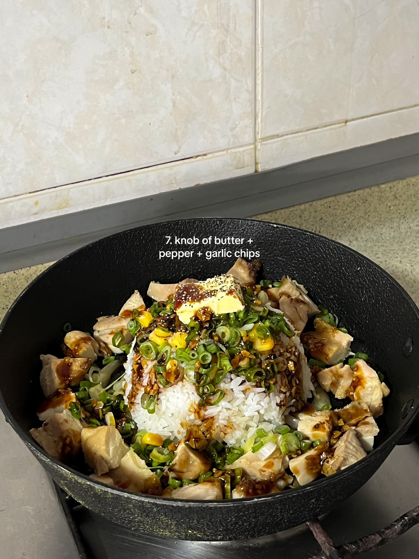 Homemade Pepper Lunch with Chicken Thigh, Caramelized Onions, and Garlic Chips Recipe