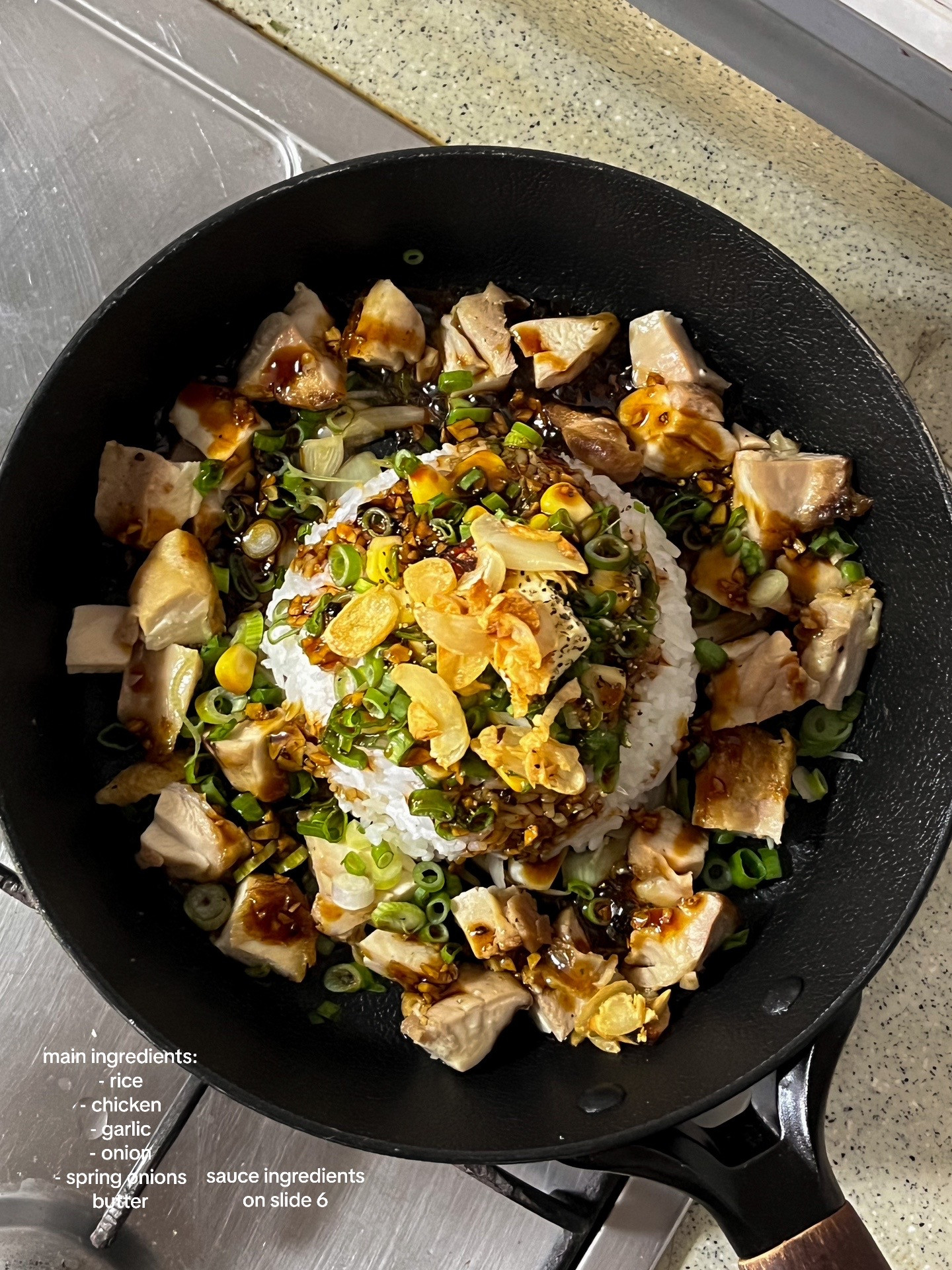 Homemade Pepper Lunch with Chicken Thigh, Caramelized Onions, and Garlic Chips Recipe