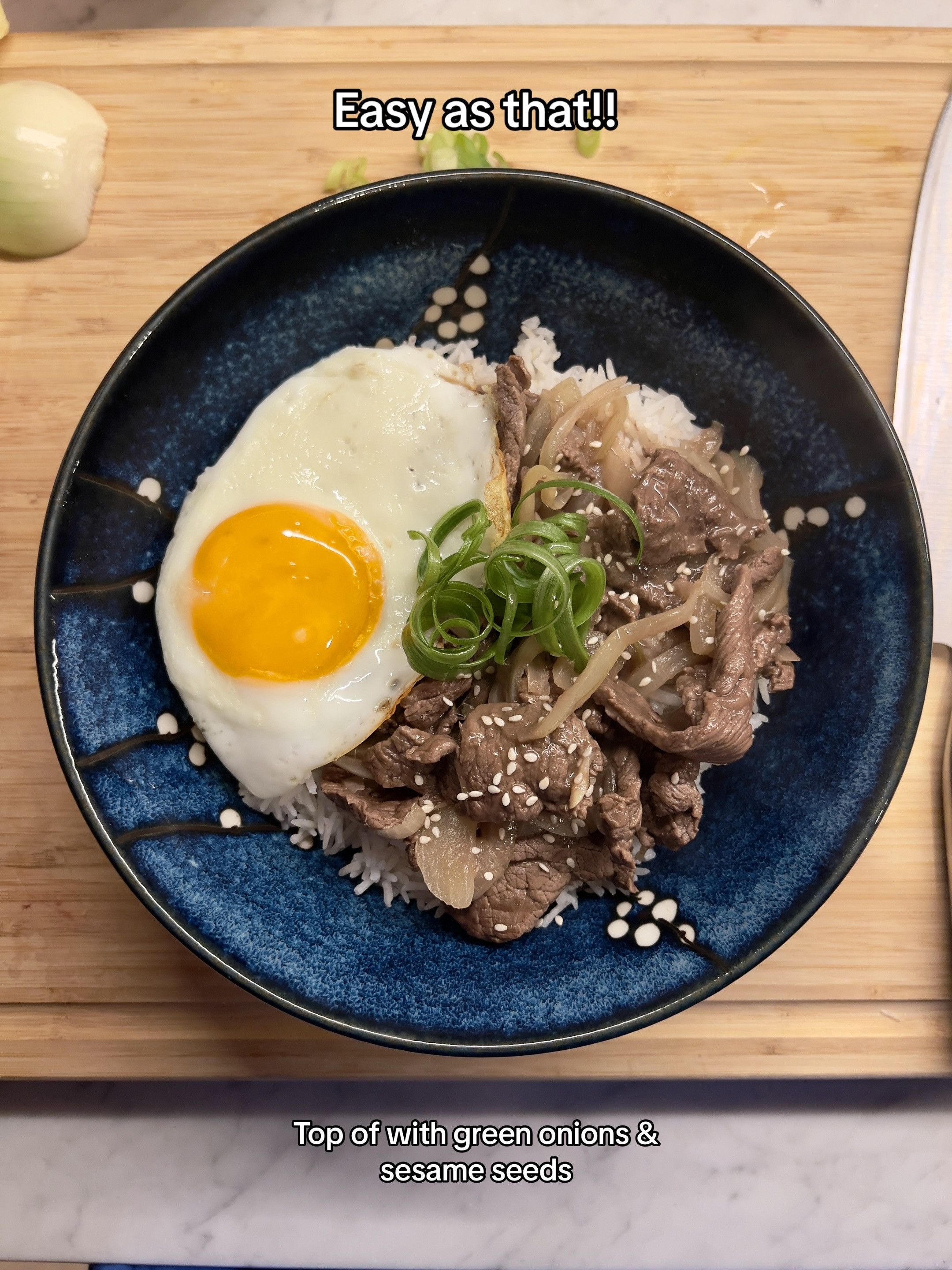 How to make Beef Gyudon with egg, onions and rice