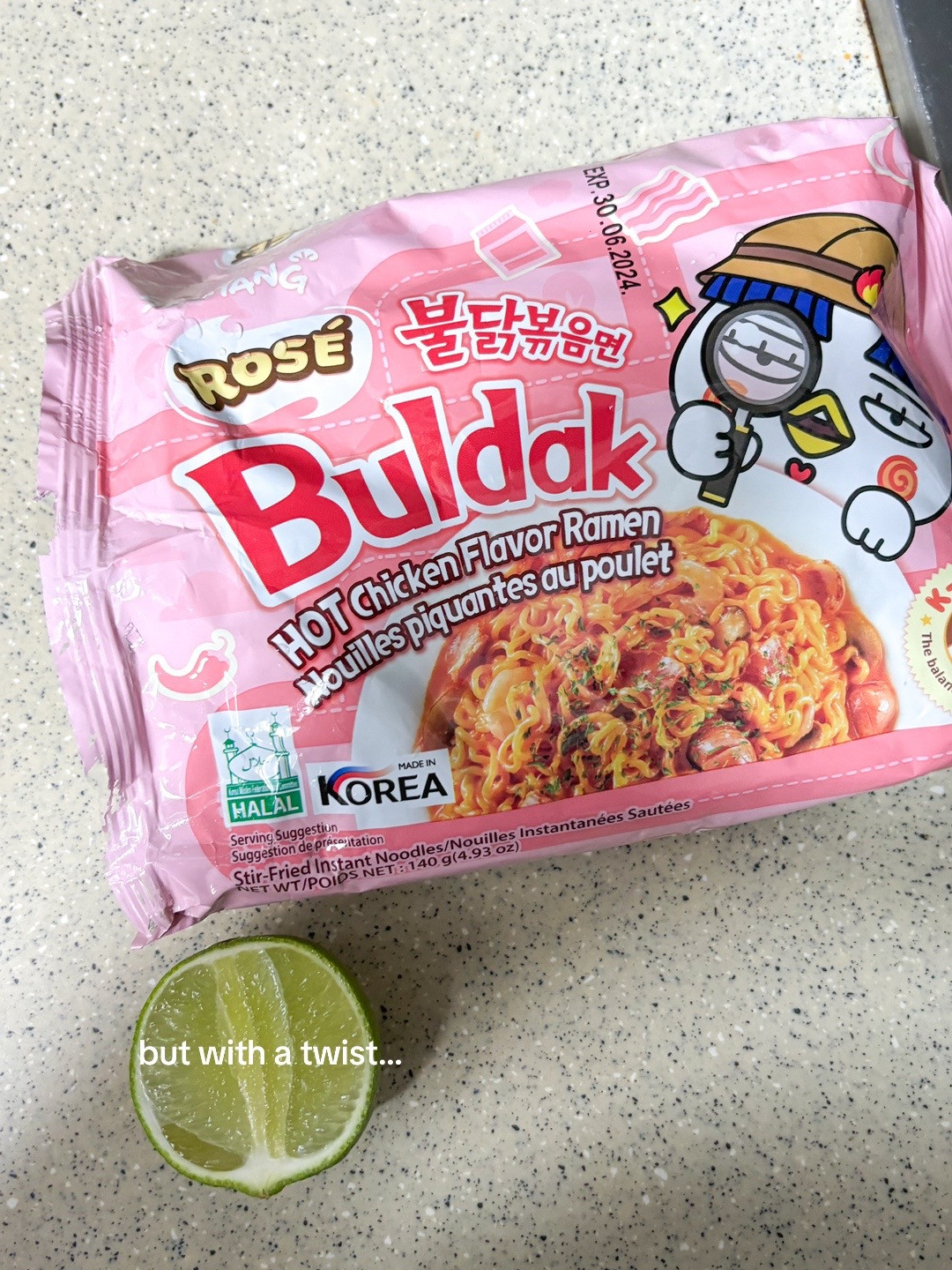 How to make Buldak Rose Ramen with lime, egg and green onions