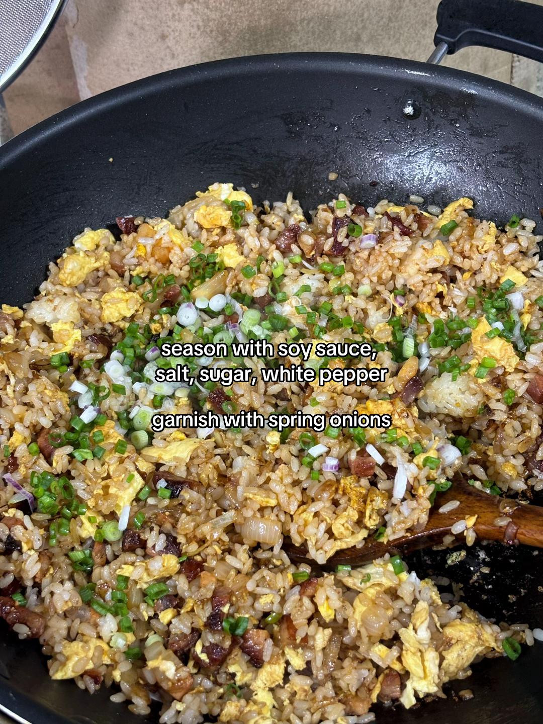 How to make delicious char siew fried rice with diced meat, garlic, onions, and scrambled eggs