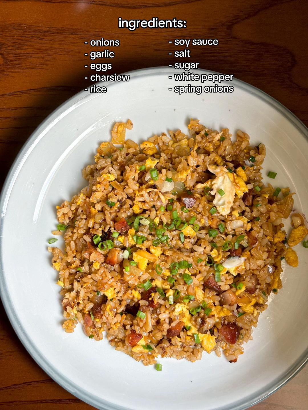 How to make delicious char siew fried rice with diced meat, garlic, onions, and scrambled eggs