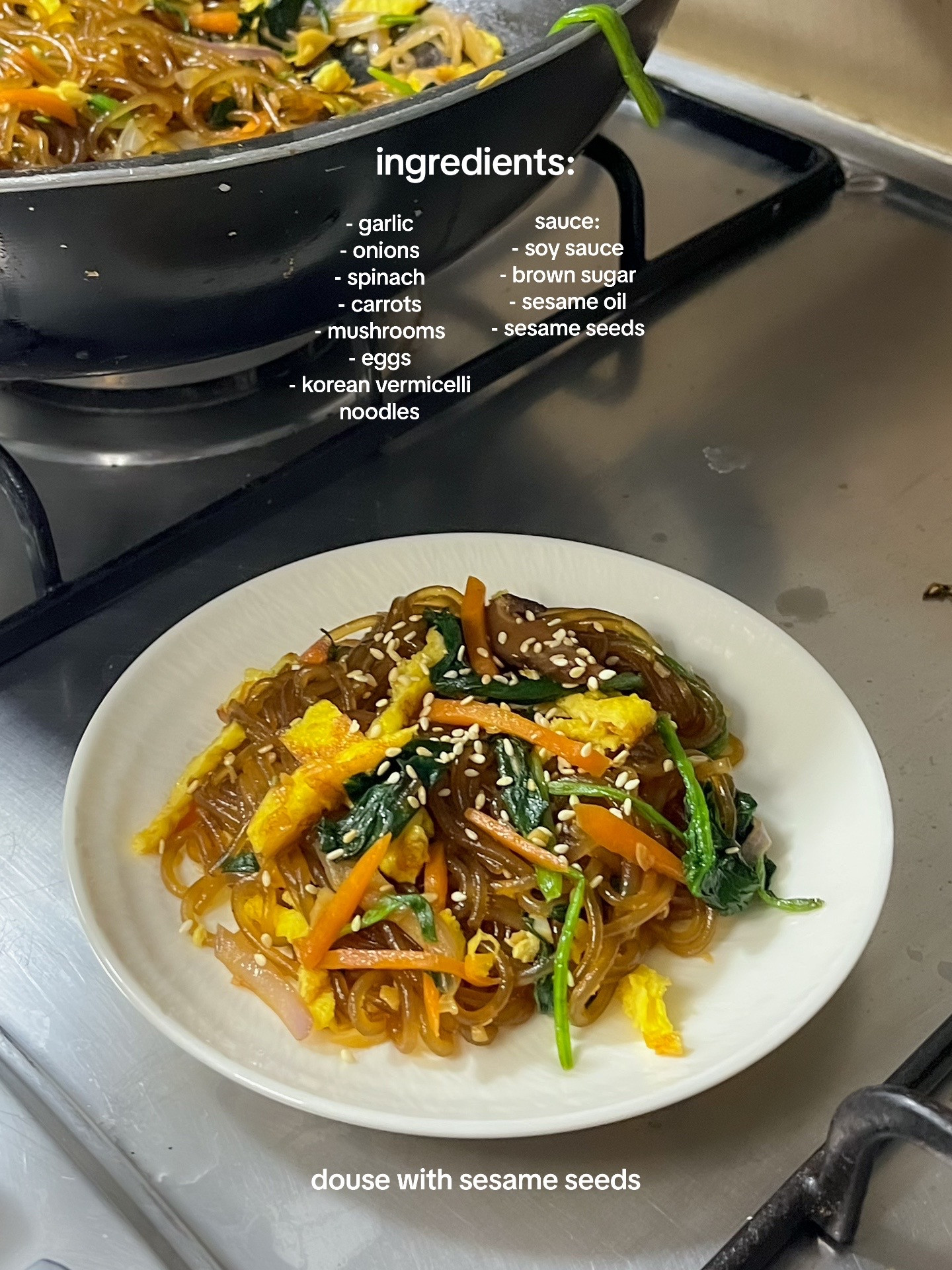 How to make Korean Japchae with spinach, carrots, onions and vermicelli noodles