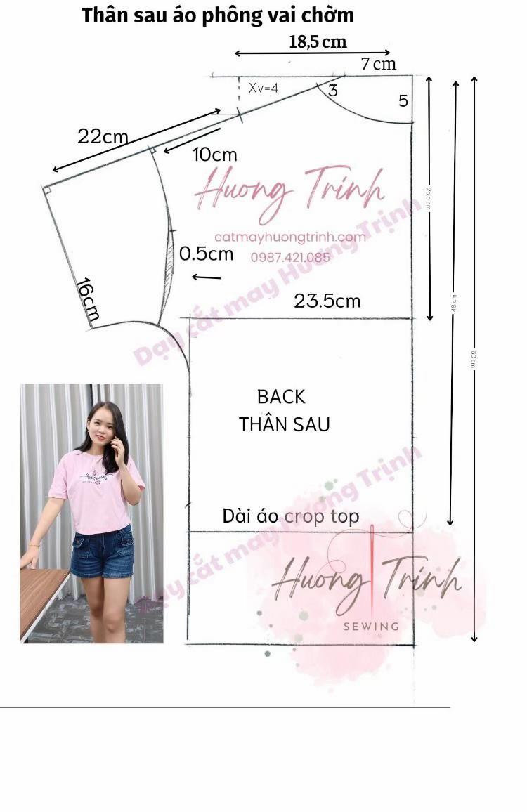 Hướng dẫn cắt may áo phông chồm vai crop top, mẫu thân trước và thân sau