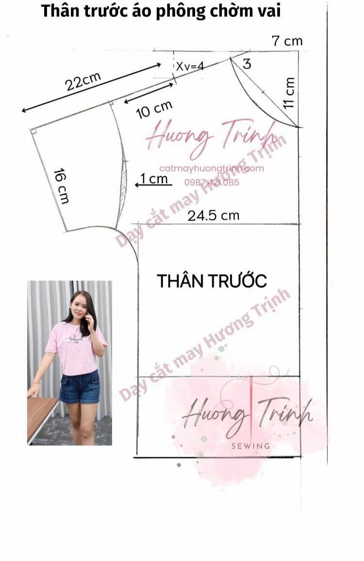 Hướng dẫn cắt may áo phông chồm vai crop top, mẫu thân trước và thân sau