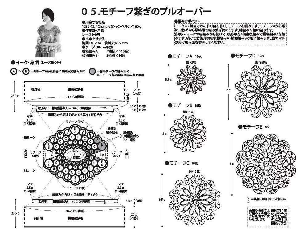 Hướng dẫn chi tiết cách móc áo choàng hoa màu tím với các biểu đồ mẫu và sơ đồ lắp ráp