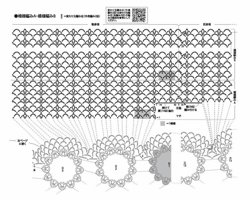 Hướng dẫn chi tiết cách móc áo choàng hoa màu tím với các biểu đồ mẫu và sơ đồ lắp ráp