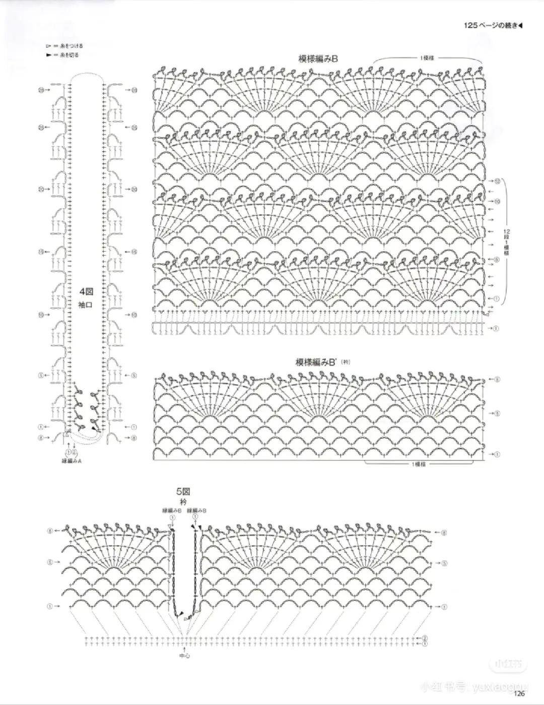 Hướng dẫn chi tiết cách móc áo len hoa văn ren tinh tế màu xanh tím nhạt, bao gồm sơ đồ và mẫu hoàn thiện