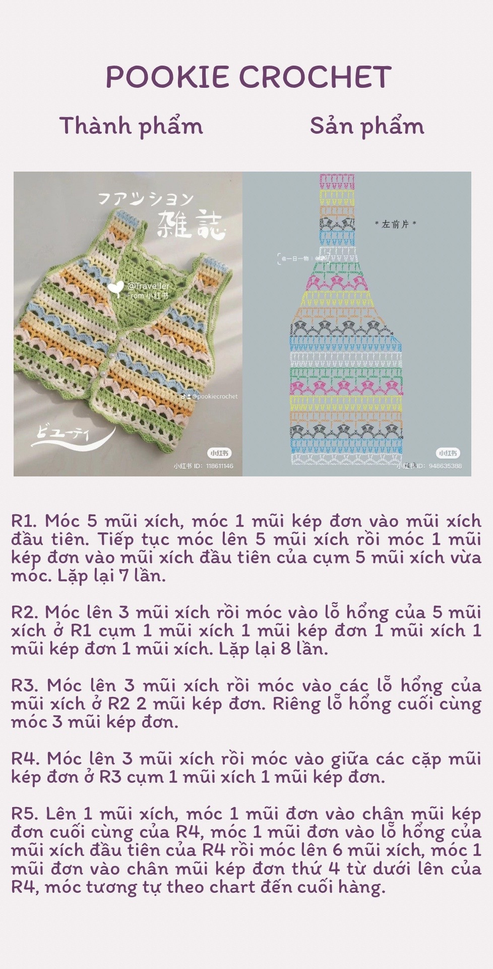 Hướng dẫn chi tiết cách móc áo yếm màu pastel với chart mẫu