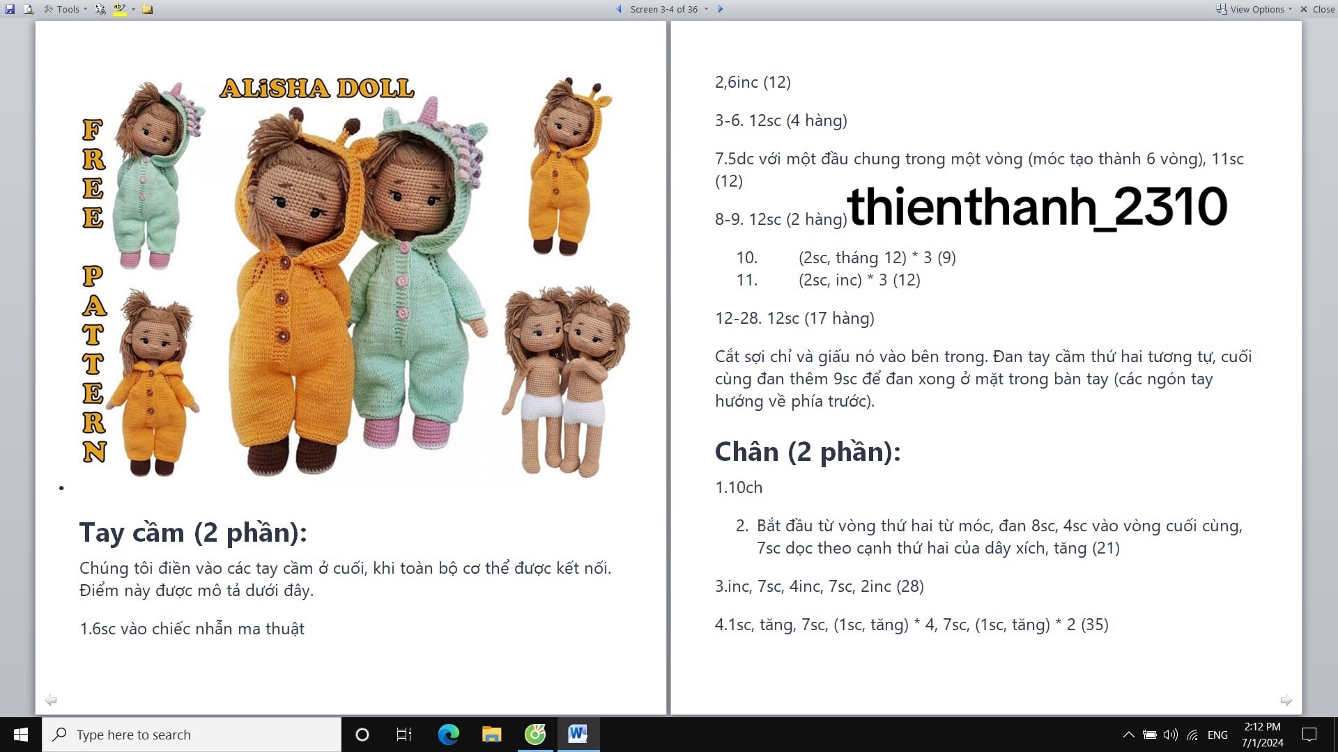 Hướng dẫn chi tiết cách móc búp bê Alisha mặc đồ ngủ công chúa và hươu cao cổ bằng len YarnArt Jeans