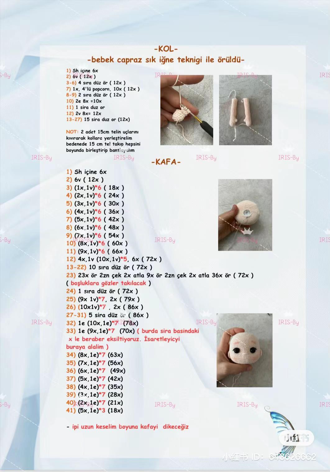 Hướng dẫn chi tiết cách móc búp bê Amigurumi nữ dễ thương với mái tóc nâu, nơ xanh và váy ngắn