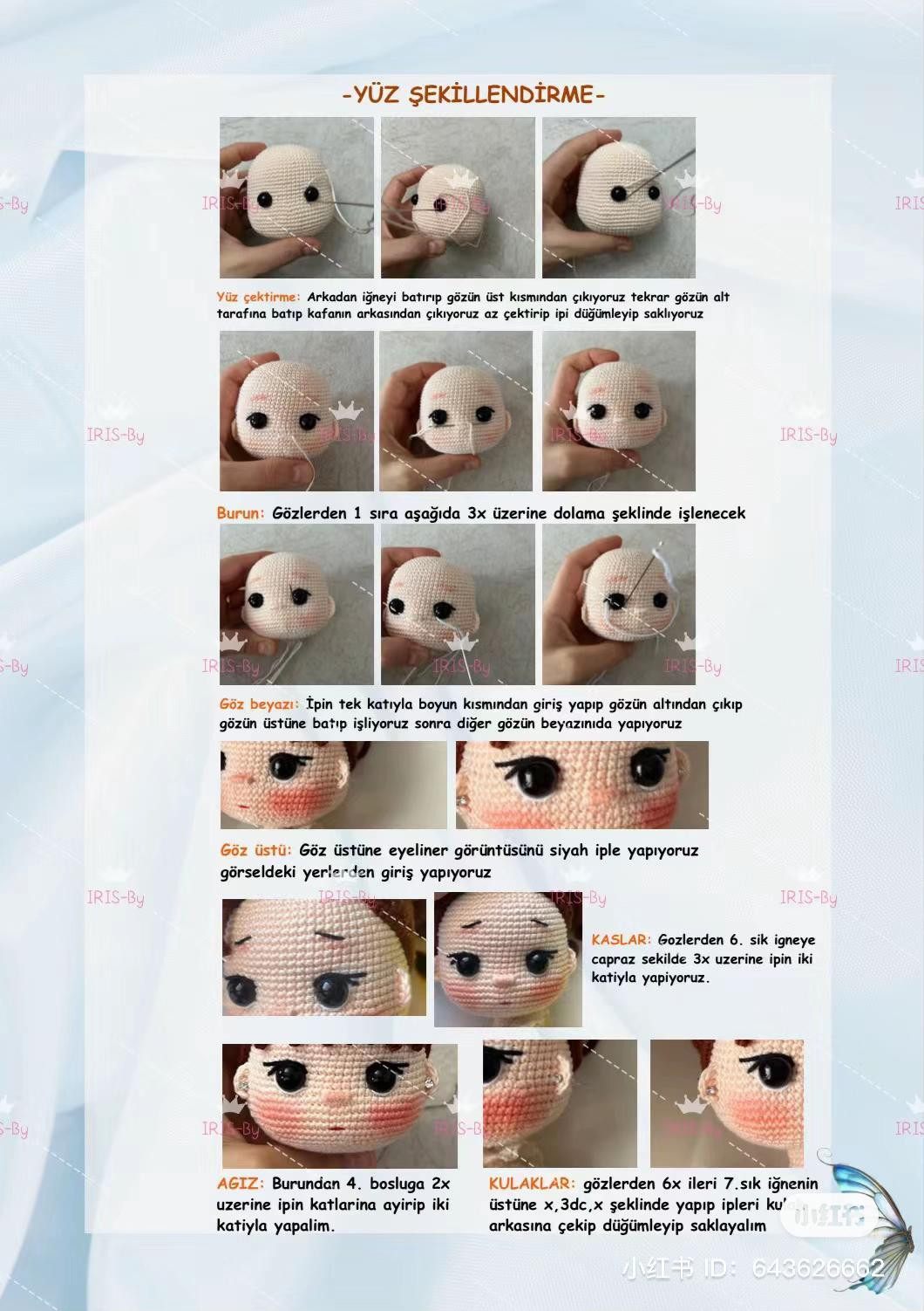 Hướng dẫn chi tiết cách móc búp bê Amigurumi nữ dễ thương với mái tóc nâu, nơ xanh và váy ngắn