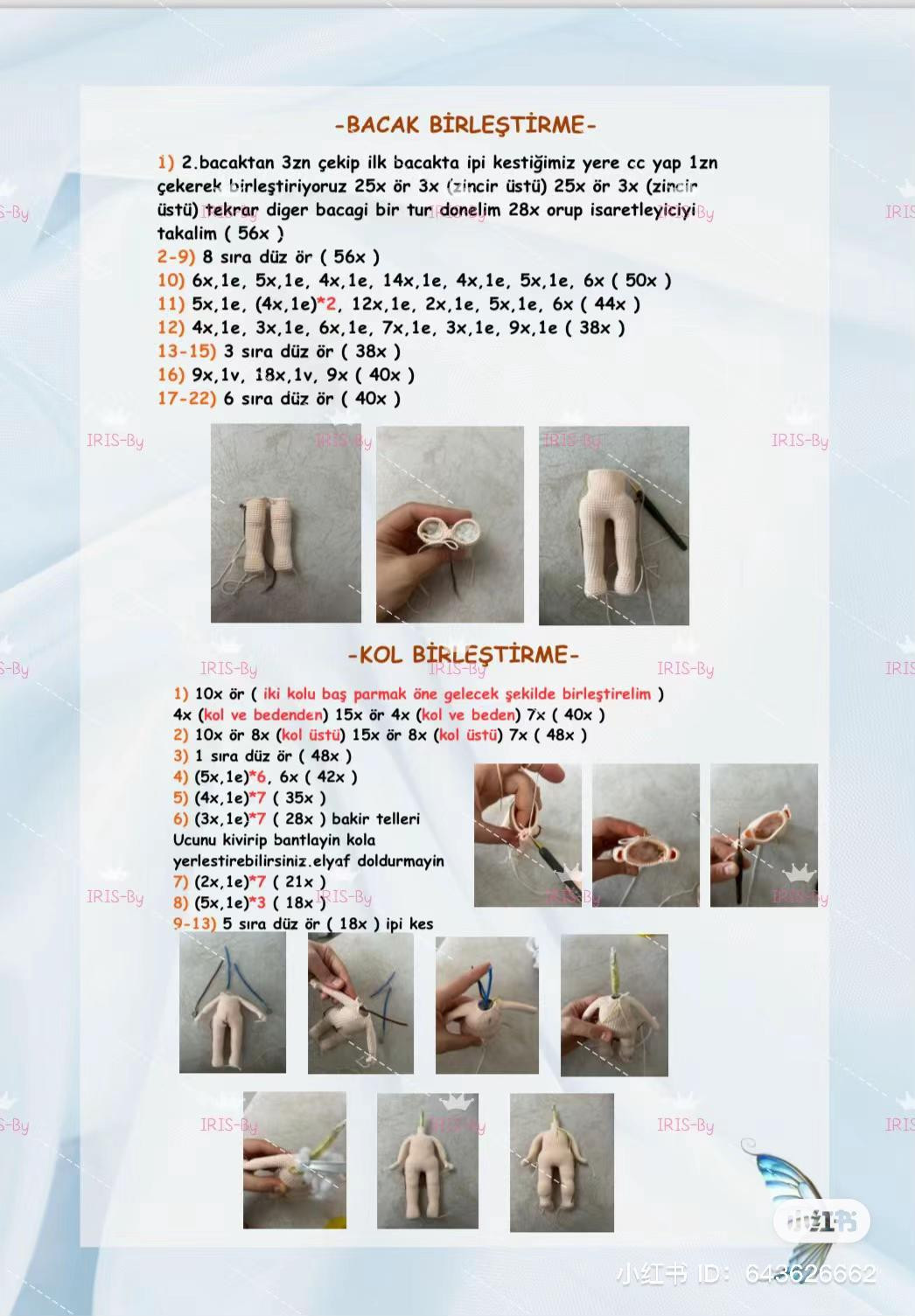 Hướng dẫn chi tiết cách móc búp bê Amigurumi nữ dễ thương với mái tóc nâu, nơ xanh và váy ngắn