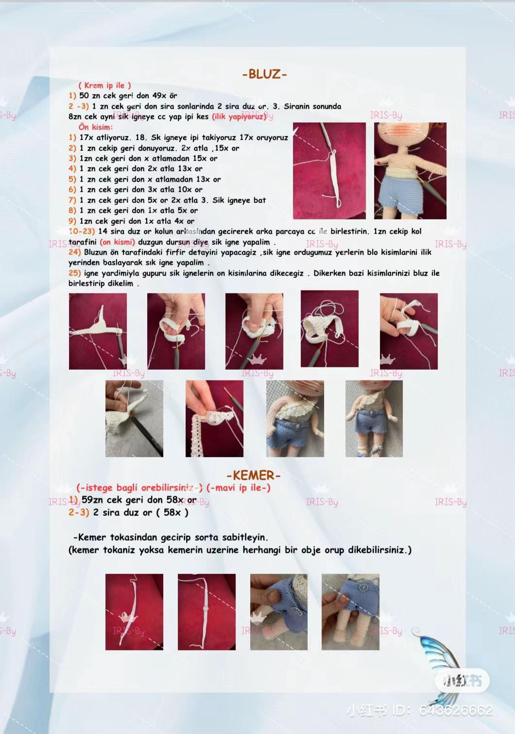 Hướng dẫn chi tiết cách móc búp bê Amigurumi nữ dễ thương với mái tóc nâu, nơ xanh và váy ngắn