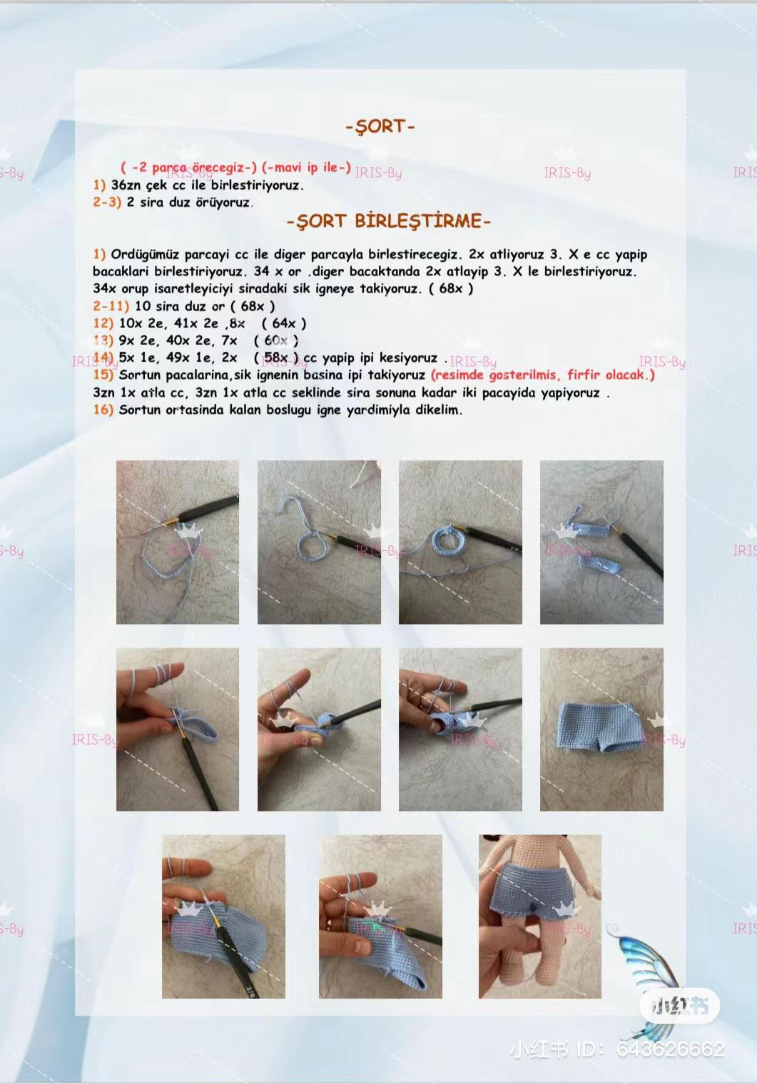 Hướng dẫn chi tiết cách móc búp bê Amigurumi nữ dễ thương với mái tóc nâu, nơ xanh và váy ngắn