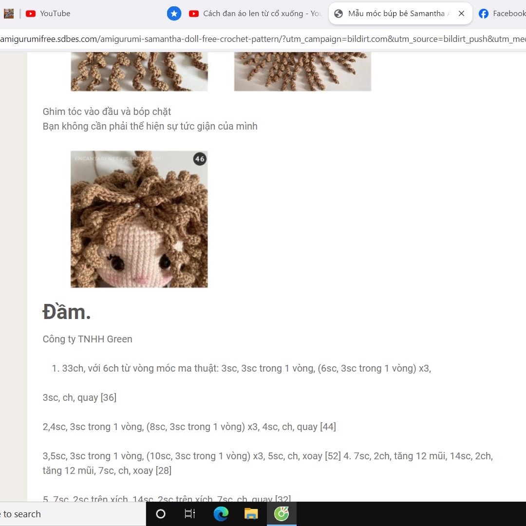 Hướng dẫn chi tiết cách móc búp bê amigurumi Samantha với váy xanh và vương miện hoa