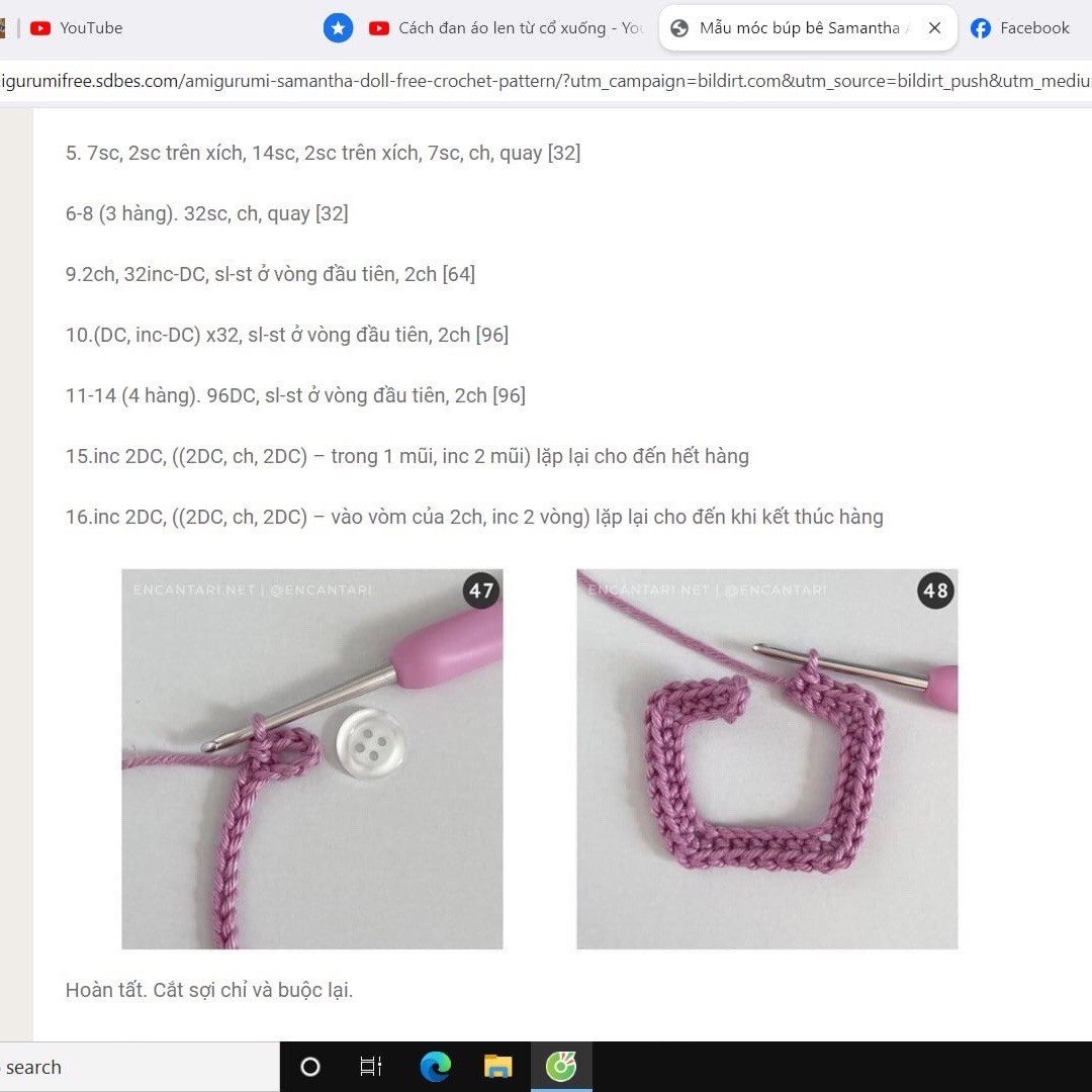 Hướng dẫn chi tiết cách móc búp bê amigurumi Samantha với váy xanh và vương miện hoa