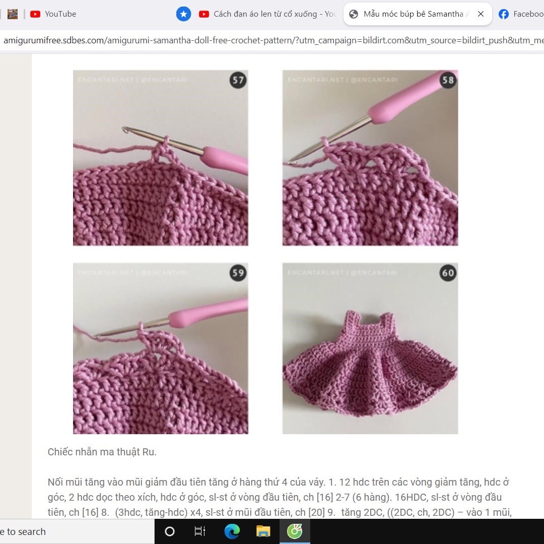 Hướng dẫn chi tiết cách móc búp bê amigurumi Samantha với váy xanh và vương miện hoa