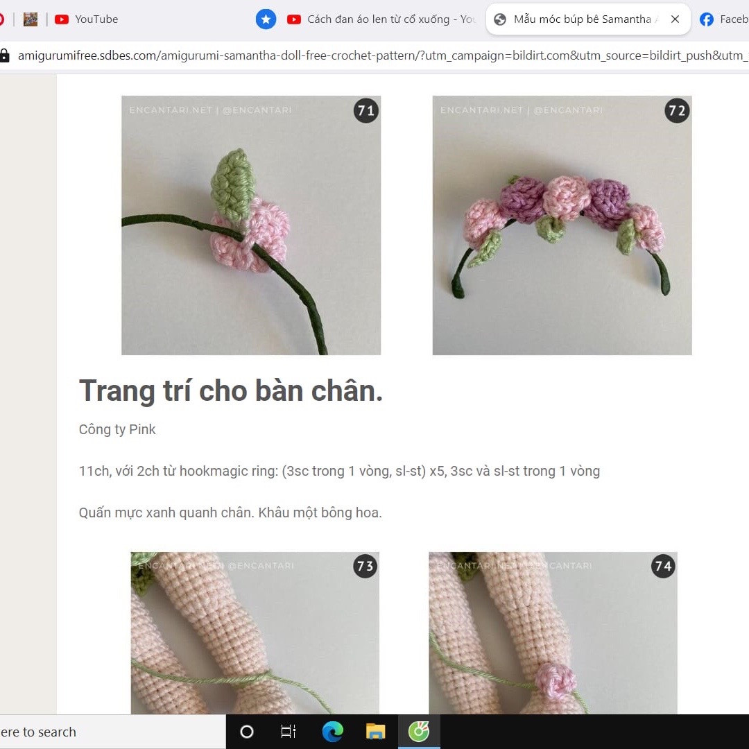 Hướng dẫn chi tiết cách móc búp bê amigurumi Samantha với váy xanh và vương miện hoa