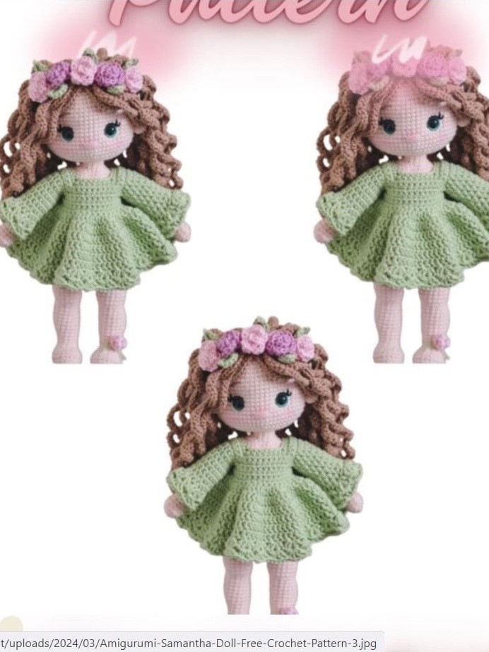 Hướng dẫn chi tiết cách móc búp bê amigurumi Samantha với váy xanh và vương miện hoa