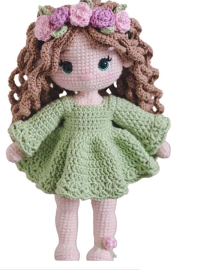 Hướng dẫn chi tiết cách móc búp bê amigurumi Samantha với váy xanh và vương miện hoa